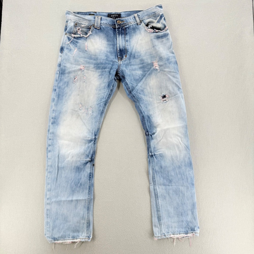 AKOO Big Oak Fit Light Wash Distressed Jeans Y2K Streetwear Men 38 Fits 37x31